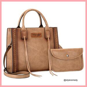 Distressed Vegan Leather Tote Bag with Whipstitch and Tassels